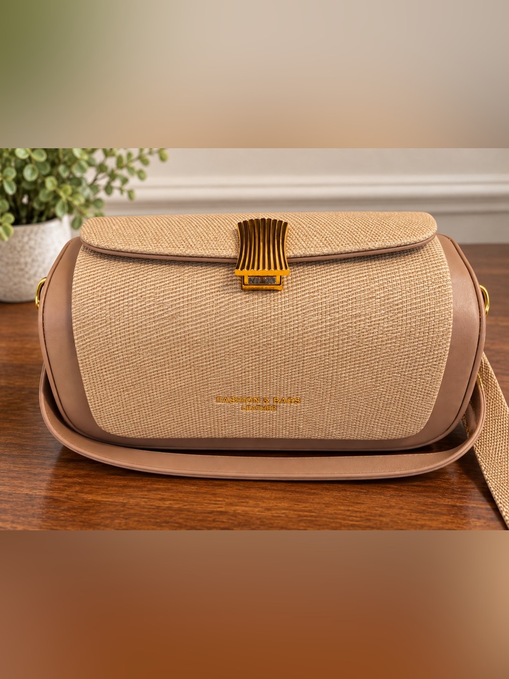 Beige Leather-Trim Shoulder Bag